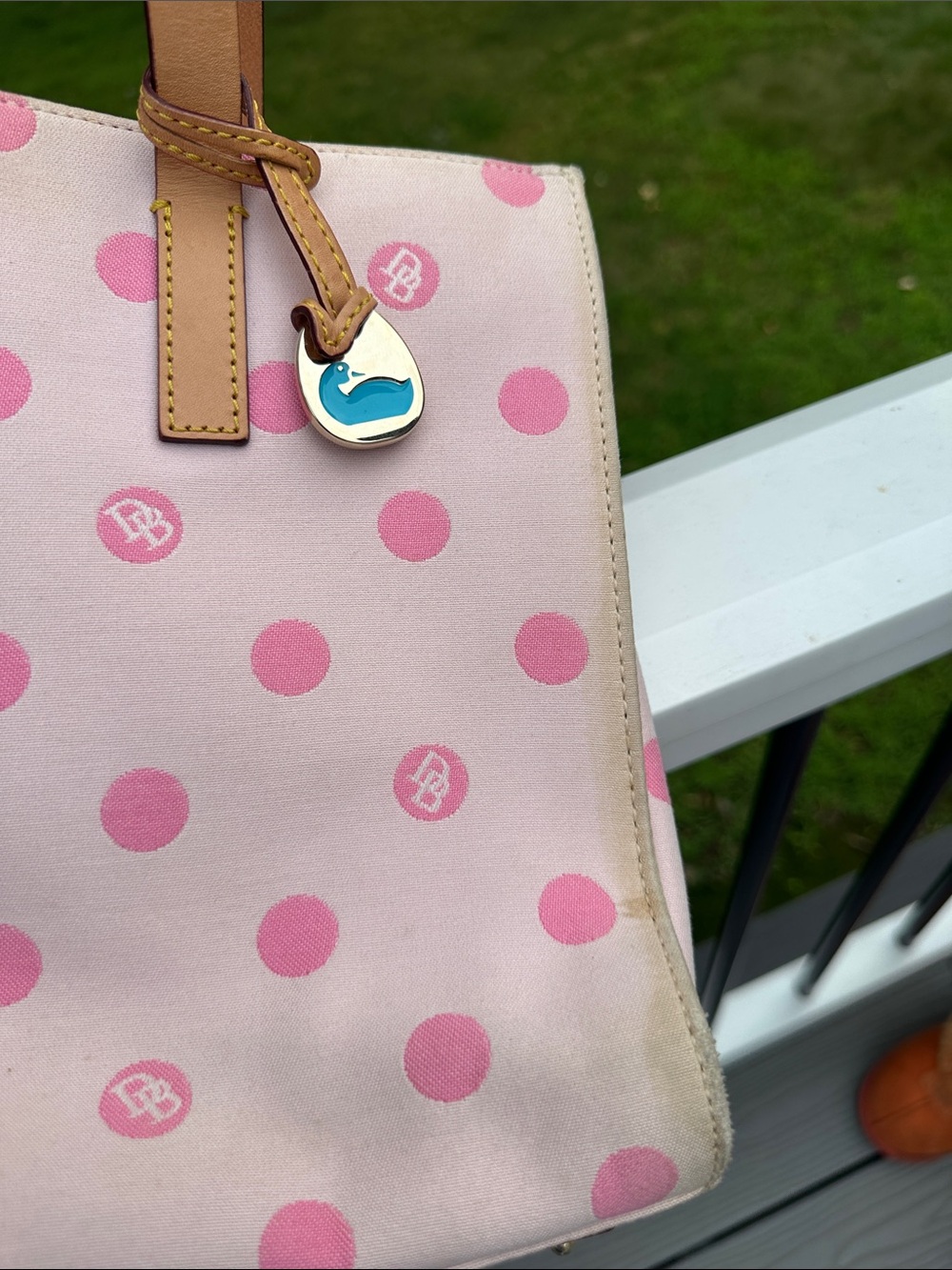 Dooney & Bourke East/West Pink Polka Dot Tote Bag with Tan Straps - Picture 10 of 15